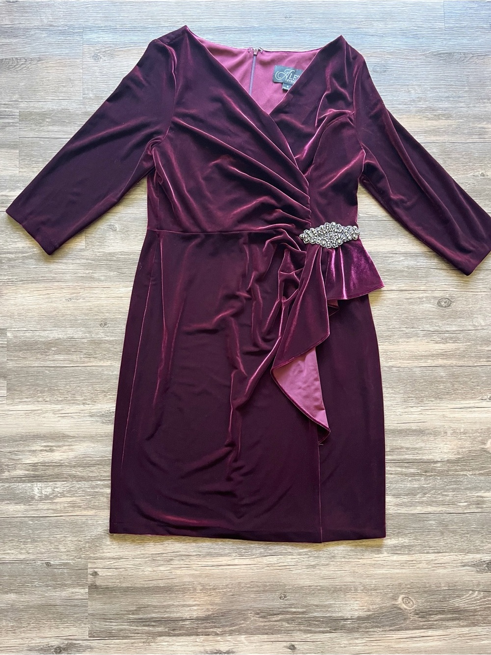 Alex Evenings Quarter Sleeve Surplice Cocktail Wine Dress